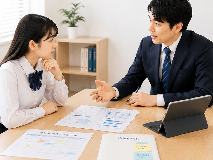 教師と高校生が学習状況や今後の進め方を相談している様子