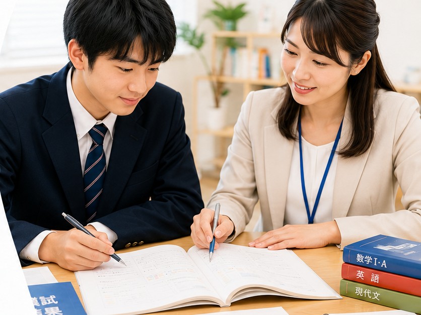 教師と高校生が教材を確認しながら個別指導を進めている様子