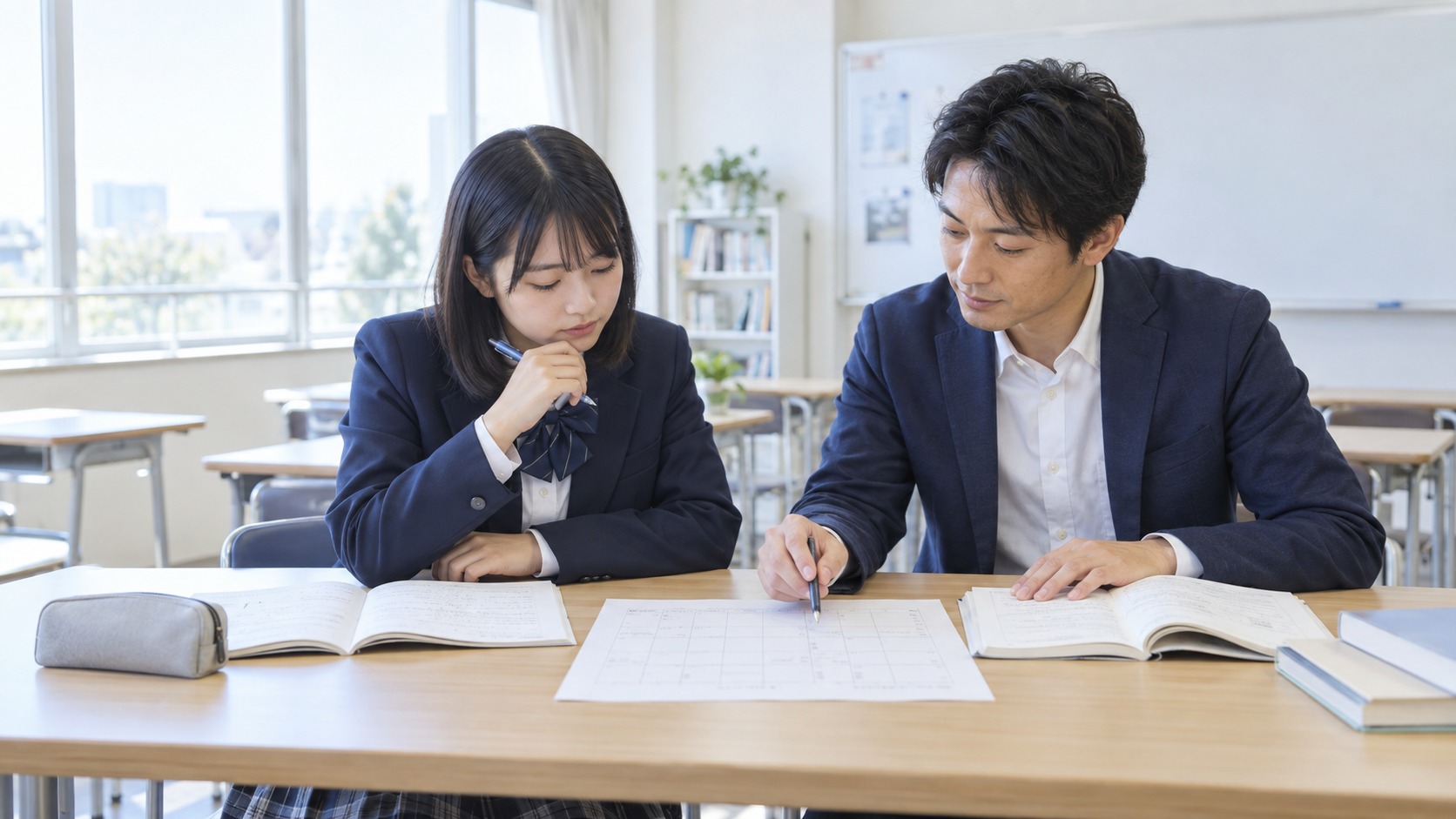 明るい教室で高校生と男性教師が学習計画を一緒に確認する様子