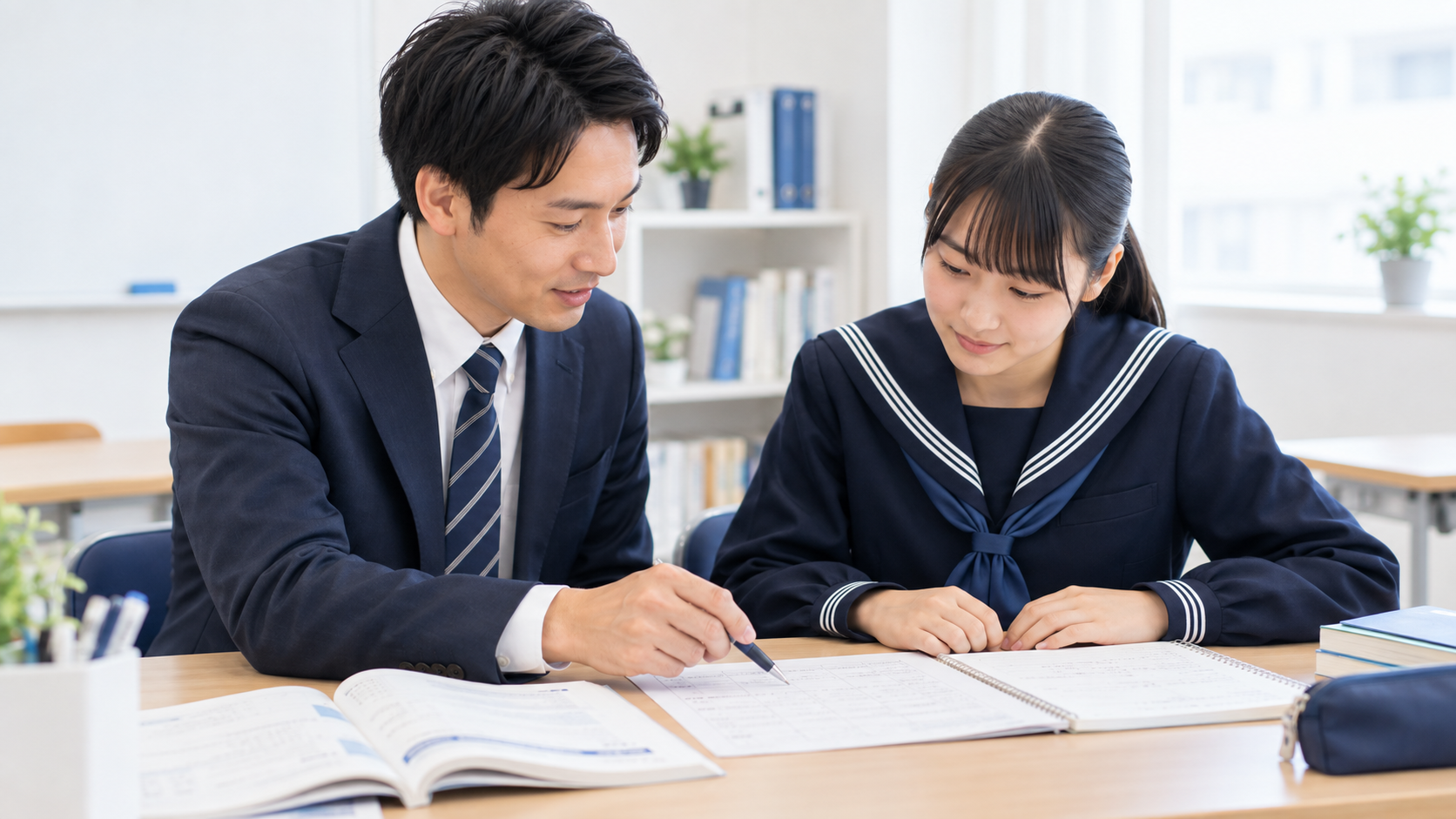 女子中学生と教師がノートや教材を見ながら学習計画を確認する様子