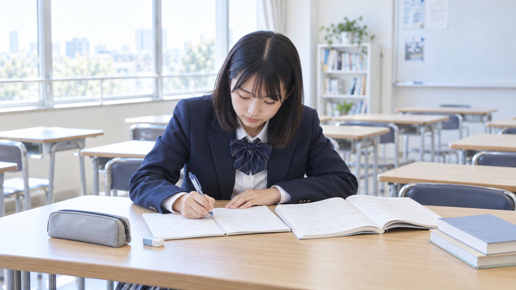 同じ教室で高校生が自分でノートに取り組み、問題演習を進める様子