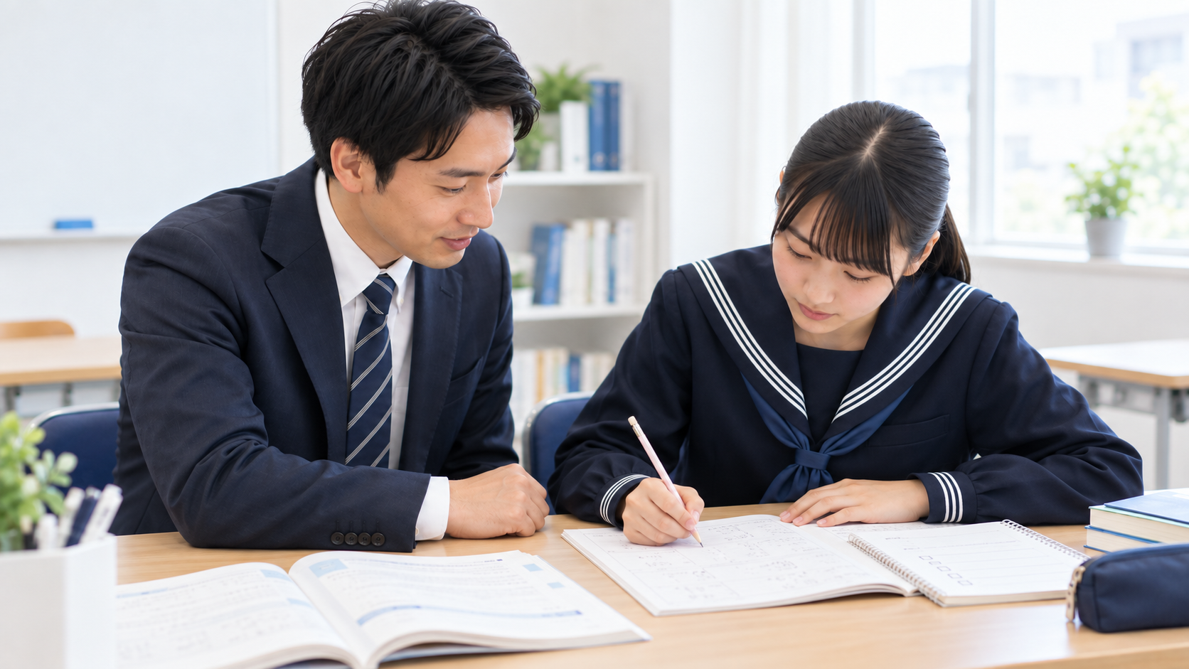 女子中学生が問題演習に取り組み、隣で教師が見守る様子