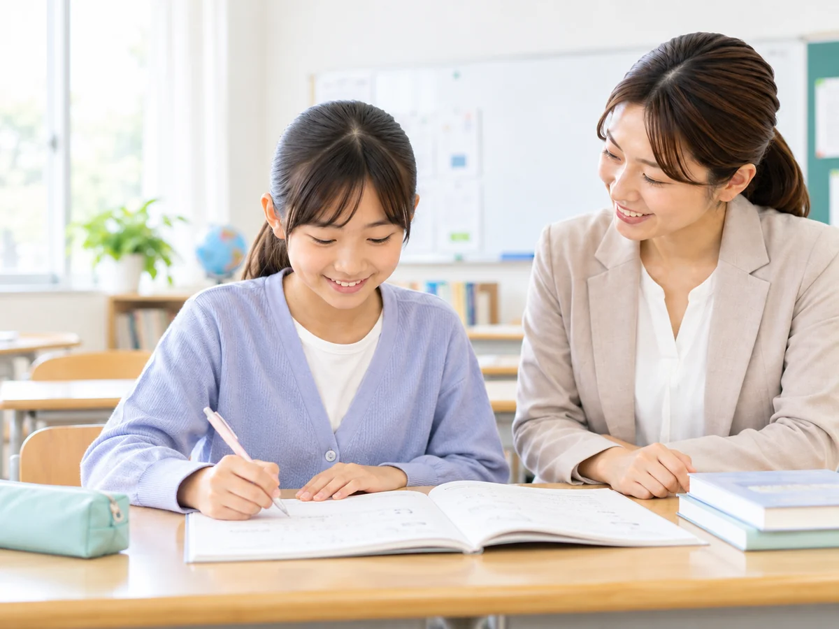 小学生の女子児童が問題演習に取り組み女性教師が見守っている様子