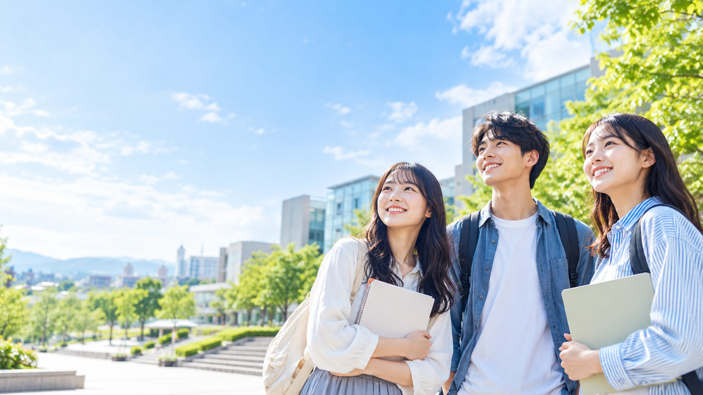 キャンパスでこれからの大学生活を見据える学生たちのイメージ
