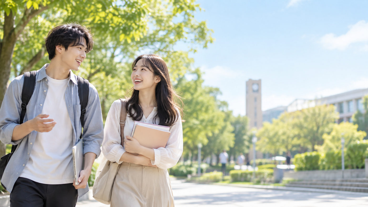 春のキャンパスで笑顔で会話する大学生のイメージ