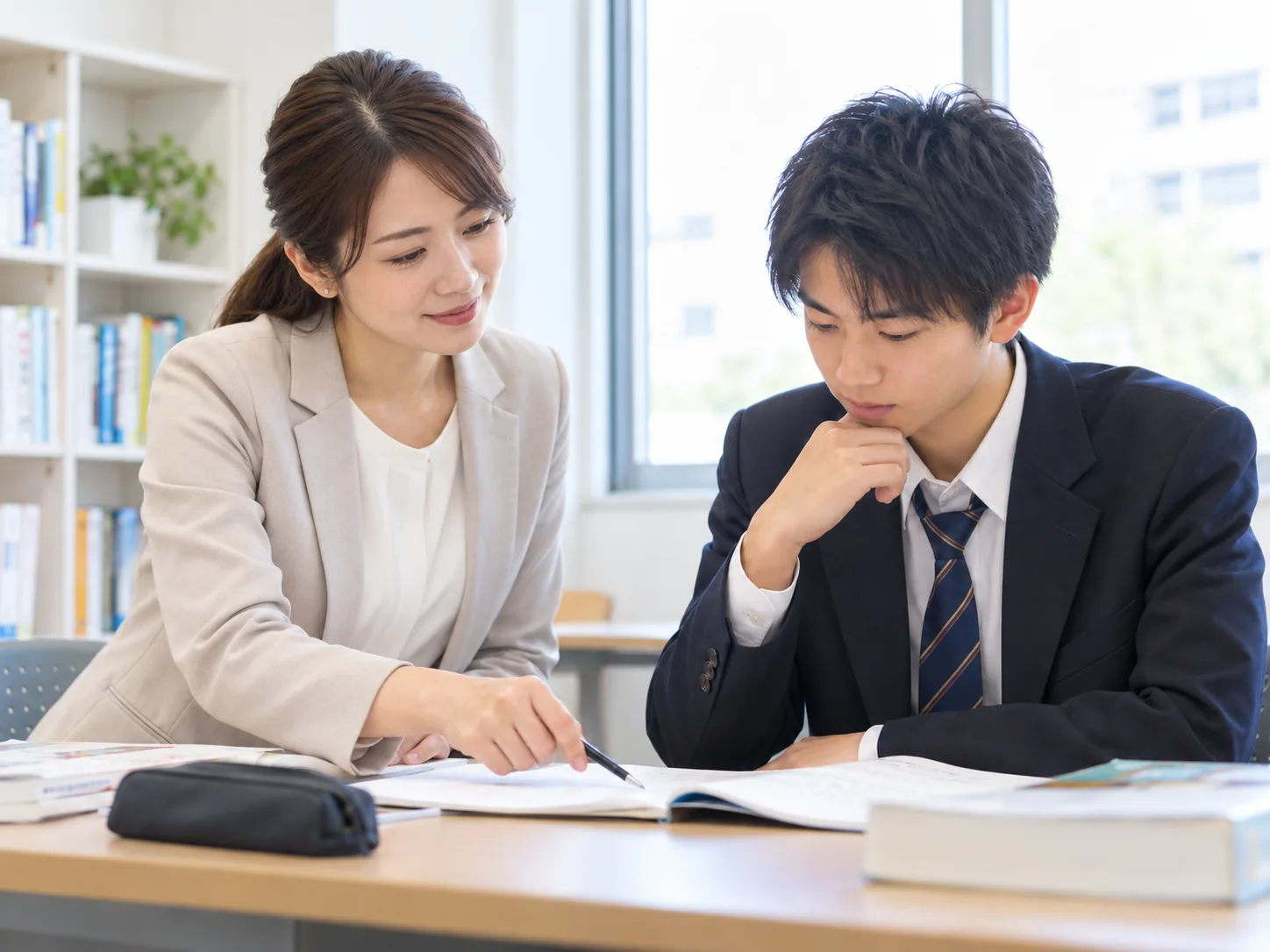 女性教師が男子高校生のノートを確認しながら対面で指導するイメージ