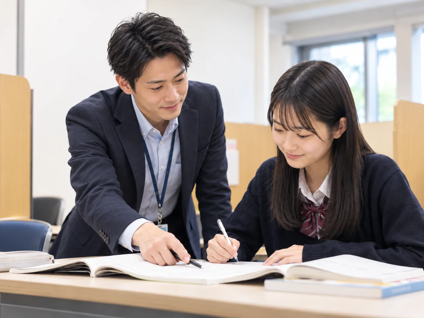 男性教師が女子高校生の解答を見ながら対面指導するイメージ
